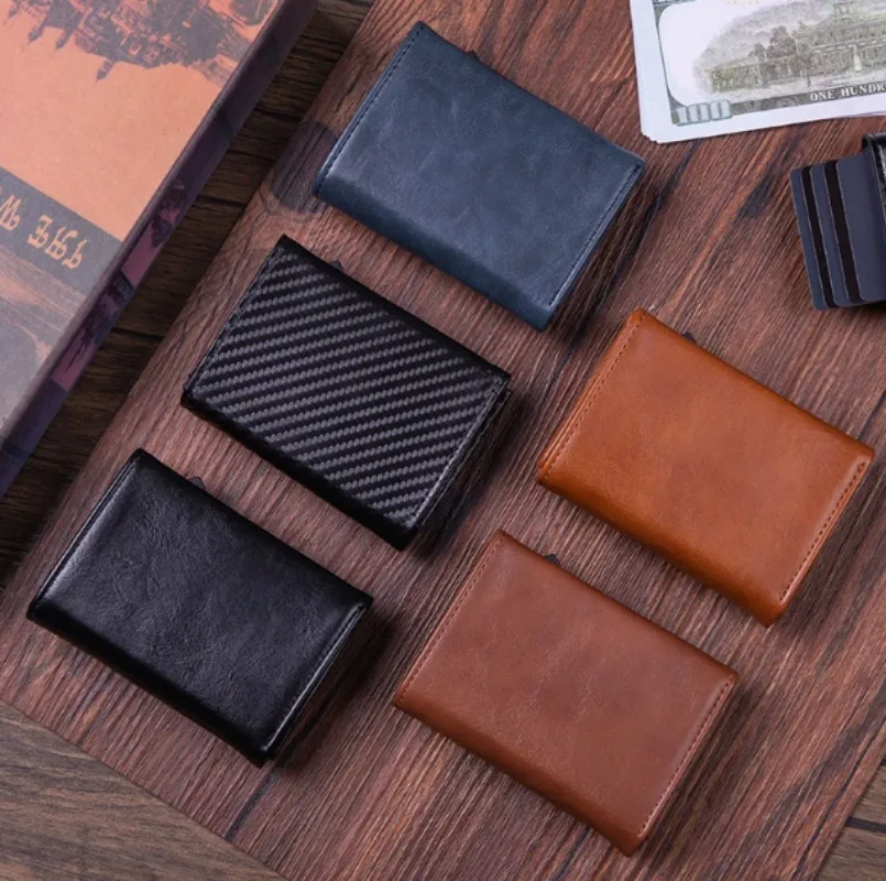 حامل بطاقة الائتمان المغناطيسي الفاخرة الرجال المحفظة تتفاعل حجب المنبثقة الحد الأدنى محفظة جلدية حامل بطاقة البنك محفظة للرجال