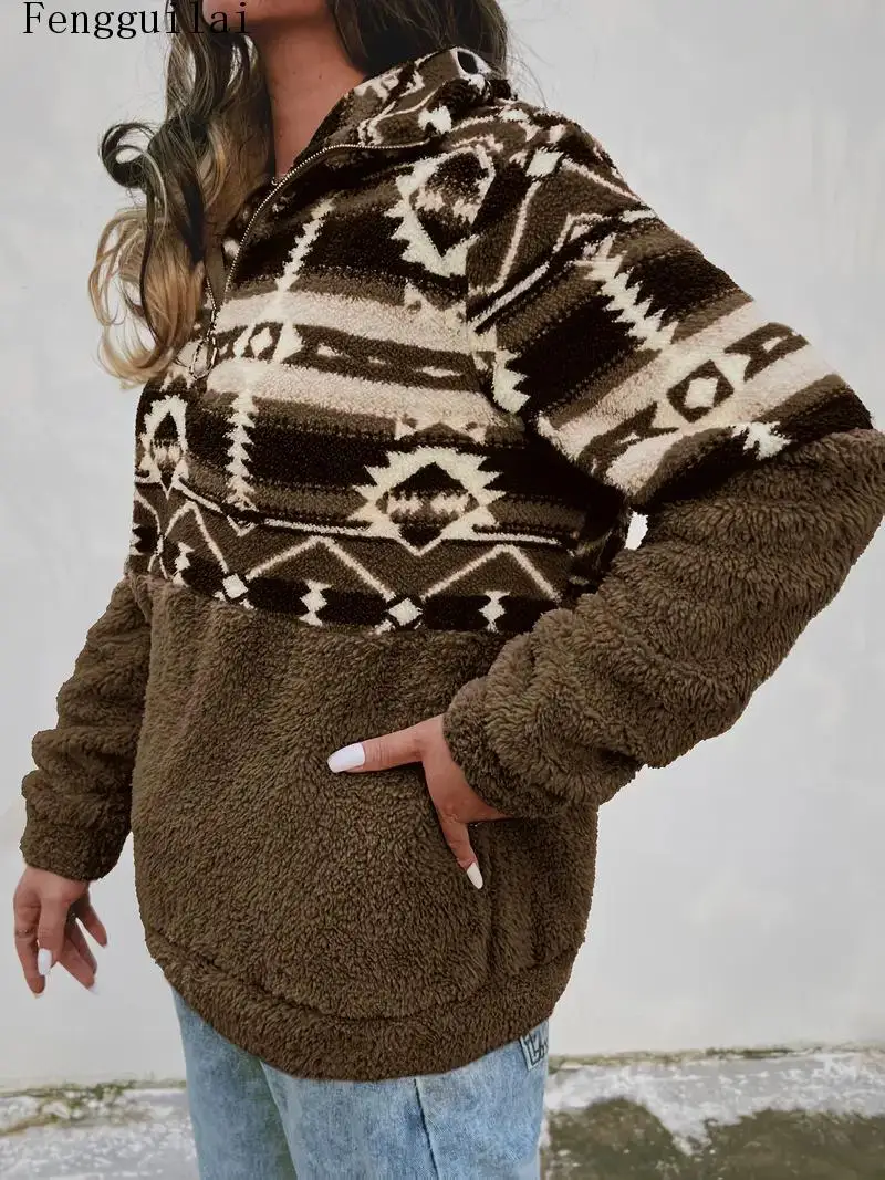 Ladies Western Ethnic Tribal Pattern Sherpa Fleece Top Half Zip Collar Color Block Patchwork Warm Winter Long Sleeve Pullover