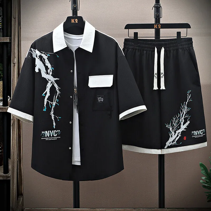 

Shirt+shorts 2025 summer new men's casual Chinese style set men's shirt and shorts casual shirt two-piece set