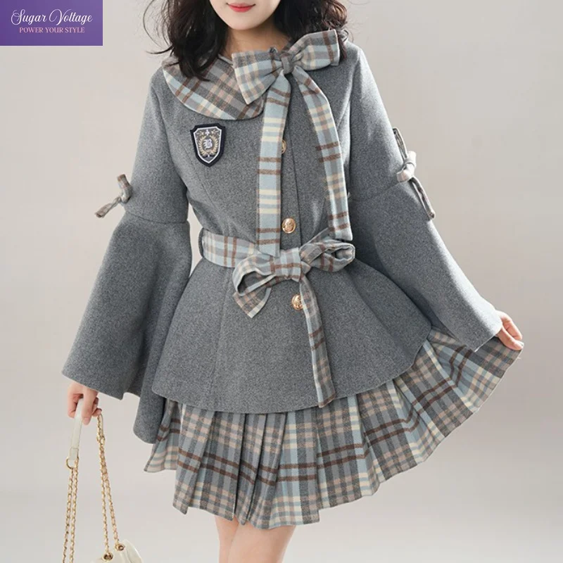 French Elegant Preppy Winter 2 Piece Set Women Plaid Badge Bow Belted Flare Sleeve Slim Fit Woolen Coat Pleated Skirt Y2K Outfit