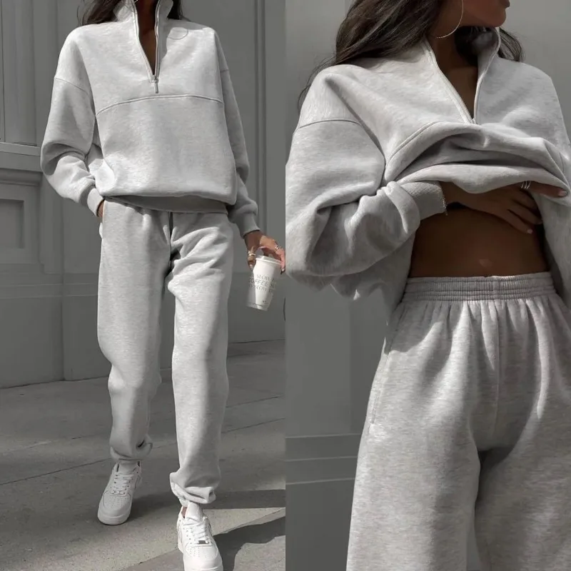 

Autumn Women's Tracksuit with Zipper Cotton Oversize White Casual Two Piece Set Women Classic Sports Trouser Suits for Women