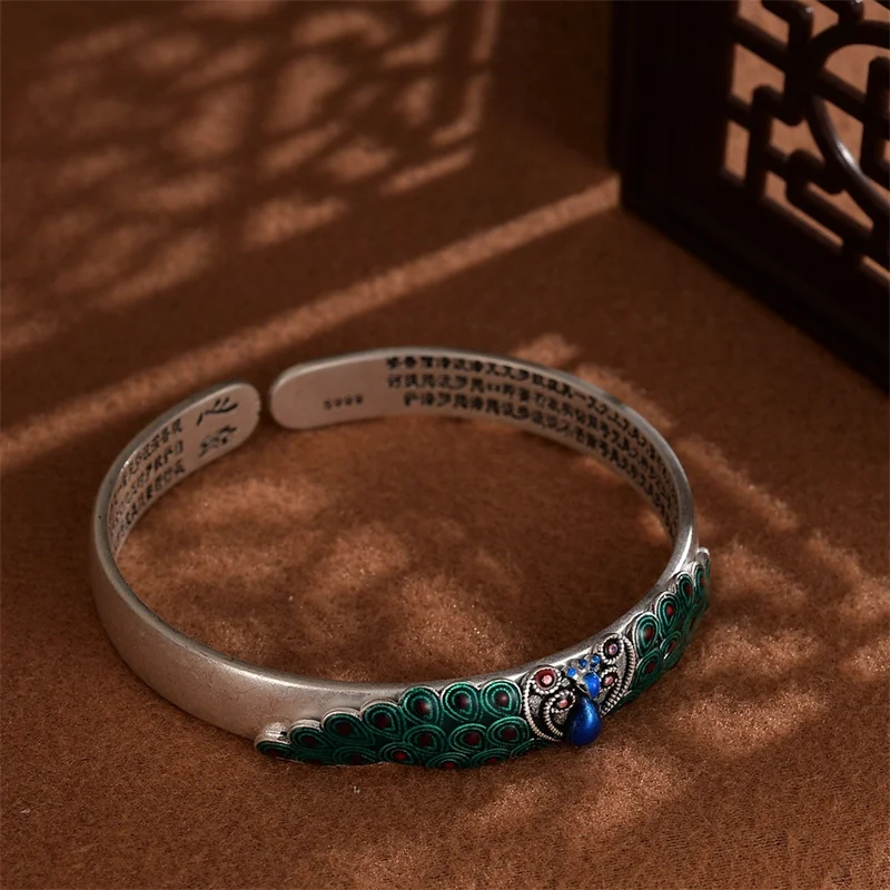 Luxury Enamel Colored Peacock Bracelet For Lady Hand Accessories  Vintage Prajnaparamita Heart Sutra Bracelet Women Jewelry Open