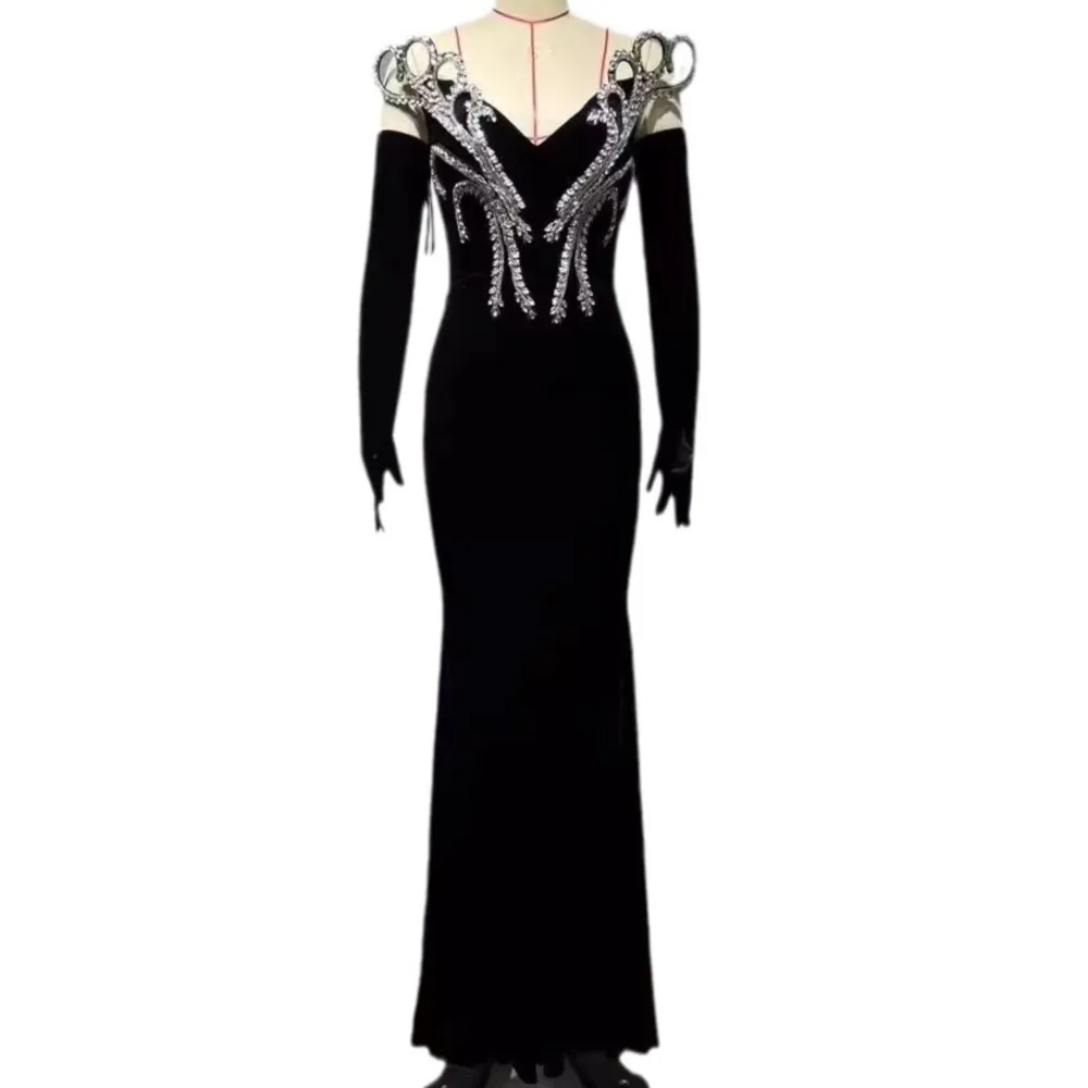 

Лидер продаж, женское черное длинное платье в американском стиле ретро без рукавов, платье-труба с перчатками
