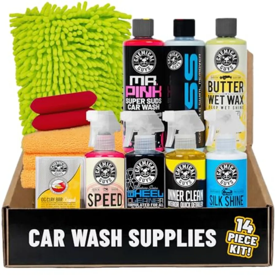 

Car cleaning kit for interior exterior use polypropylene tools blue color 14-piece set with 7 x 16 oz chemicals