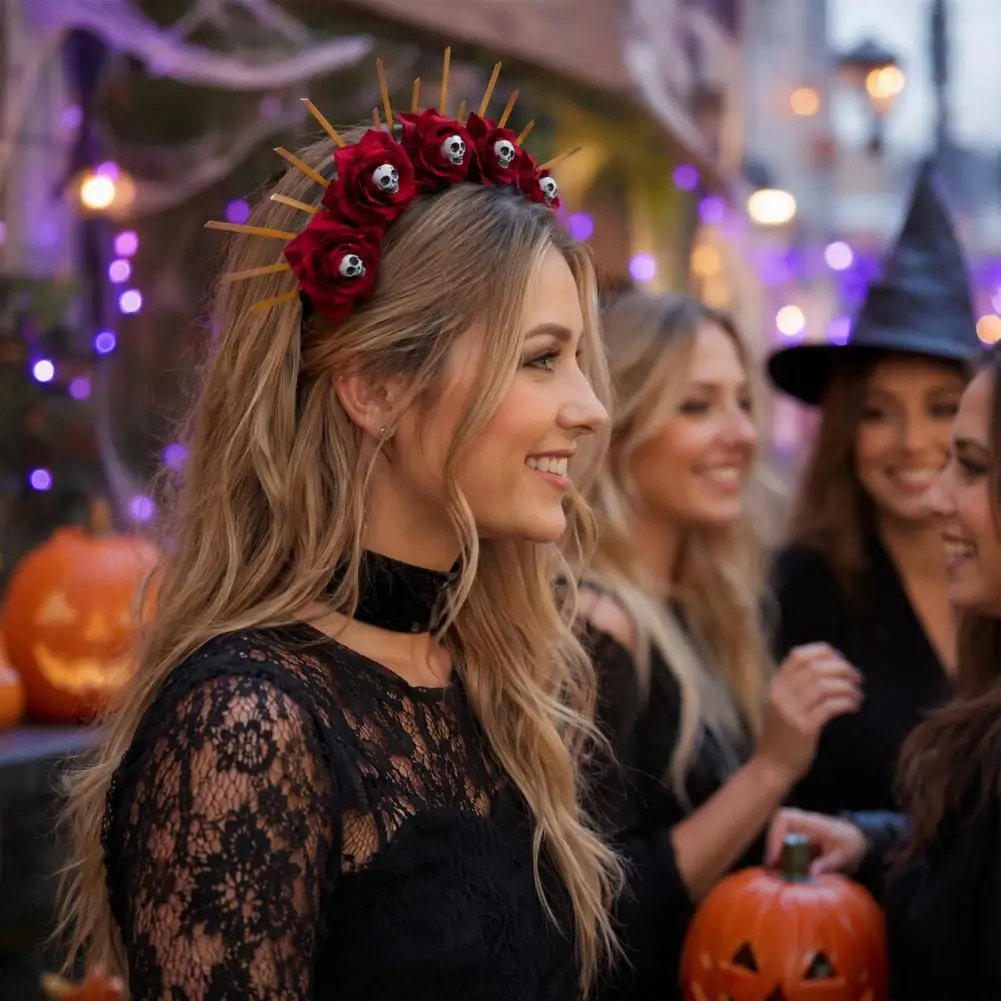 Dark Halloween Hair Decoration Halloween Floral Headband Handmade 3d Flower Hair Hoop Widened Non-slip Headband with Pumpkin