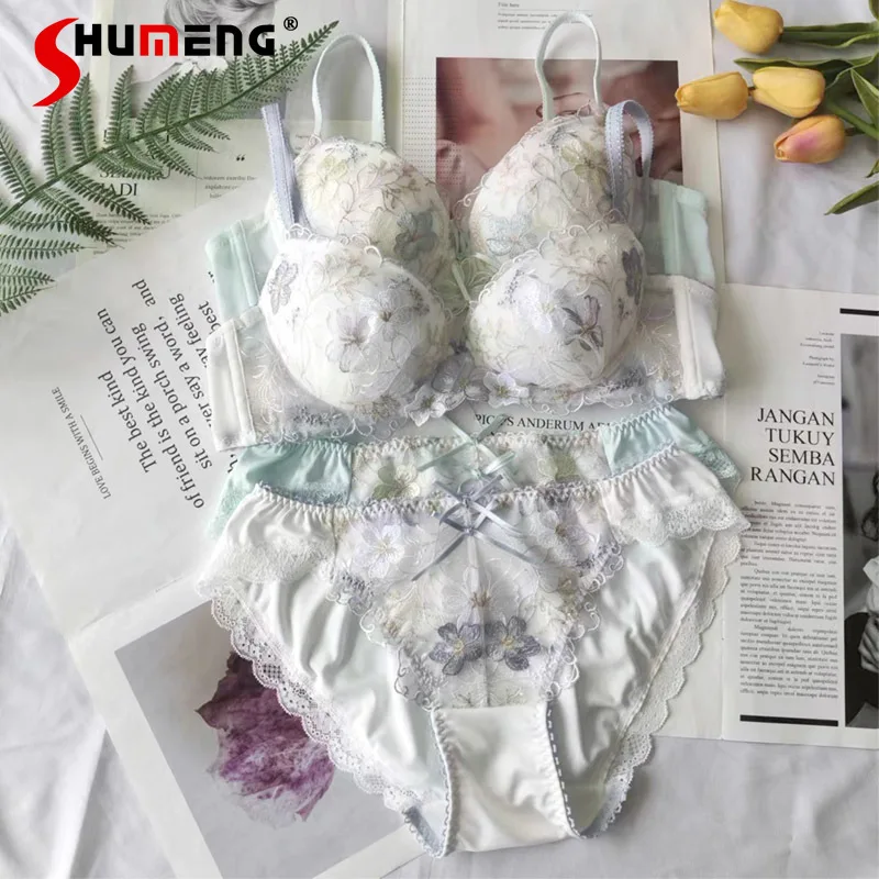 

Japanese Style Embroidered Flower Underwear Women's Small Chest Bra Set Female Japanese Round Cup Thin Bra and Panties Suits