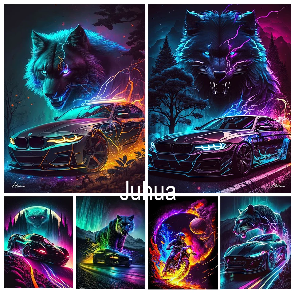 Neon Speed Panther And Car Diamond Painting Kits 5D DIY Full Drill Mosaic Cross Stitch Animal Handmade Gift 2023 New Home Decor