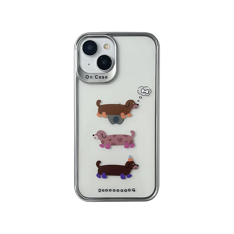 Coque de téléphone transparente avec cadre galvanisé INS Cartoon, coque arrière pour iPhone 15, 14 Plus, 13 Pro Max, 12 Pro, 3 chiens à saucisses