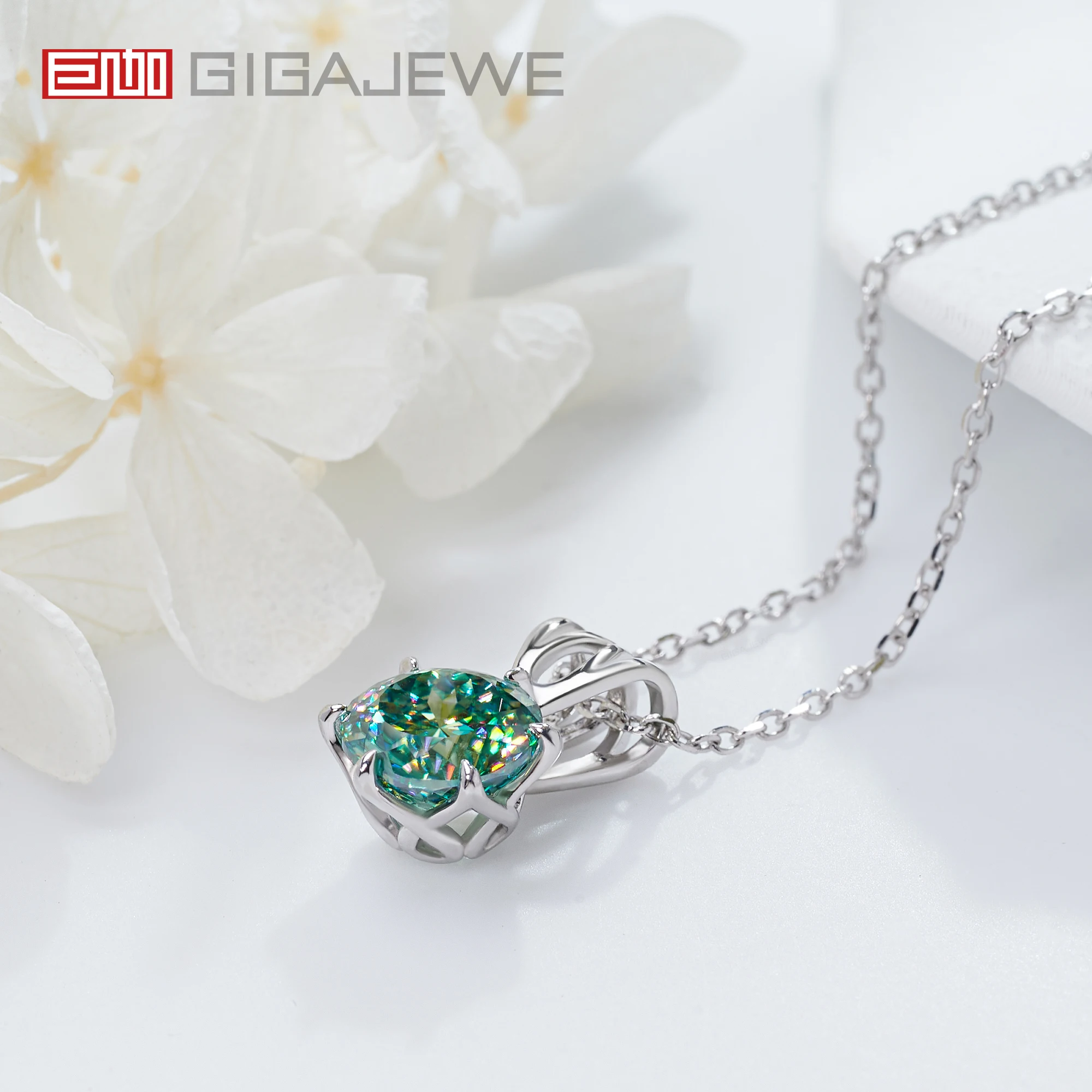 GIGAJEWE 9.0mm 3.0ct Portuguese Cyan Color VVS1 Moissanite 925 Silver Christian Religious Cross Pendant Necklace Woman Girl Gift