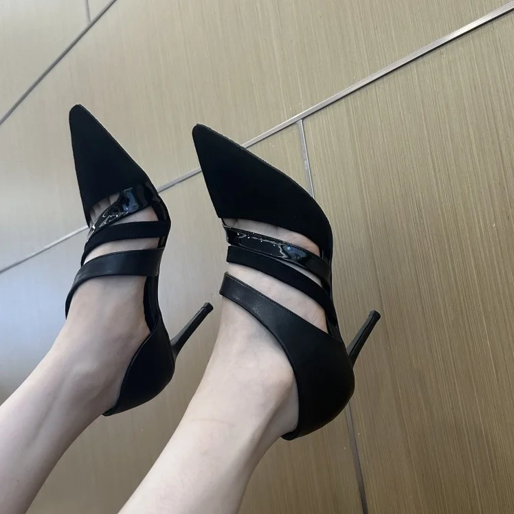 Pointy Toe Strappy Sandals Hollow Summer Sexy Stiletto Heels Black Leather Slip On Casual Dress Party Pumps Cool Girl Shoes 2024 image 6