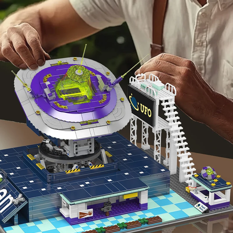 Controle remoto técnico mold king 11024 estação de monitoramento de ufo alienígena bloco de construção montagem quebra-cabeça brinquedo diy meninos presente de natal