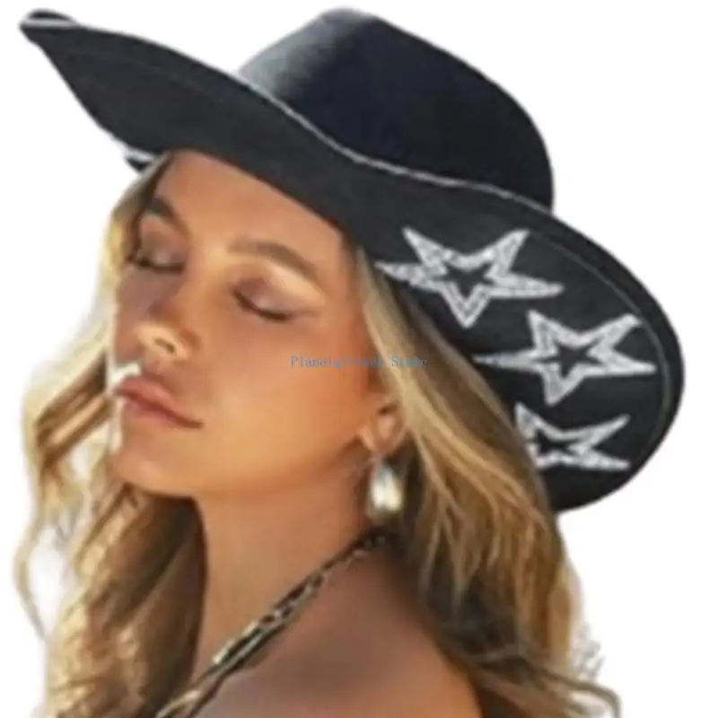 

652B Adult Cowboy Hat with Star Pattern for Woman Cowboy Hat Model Show Performances Photography Hat