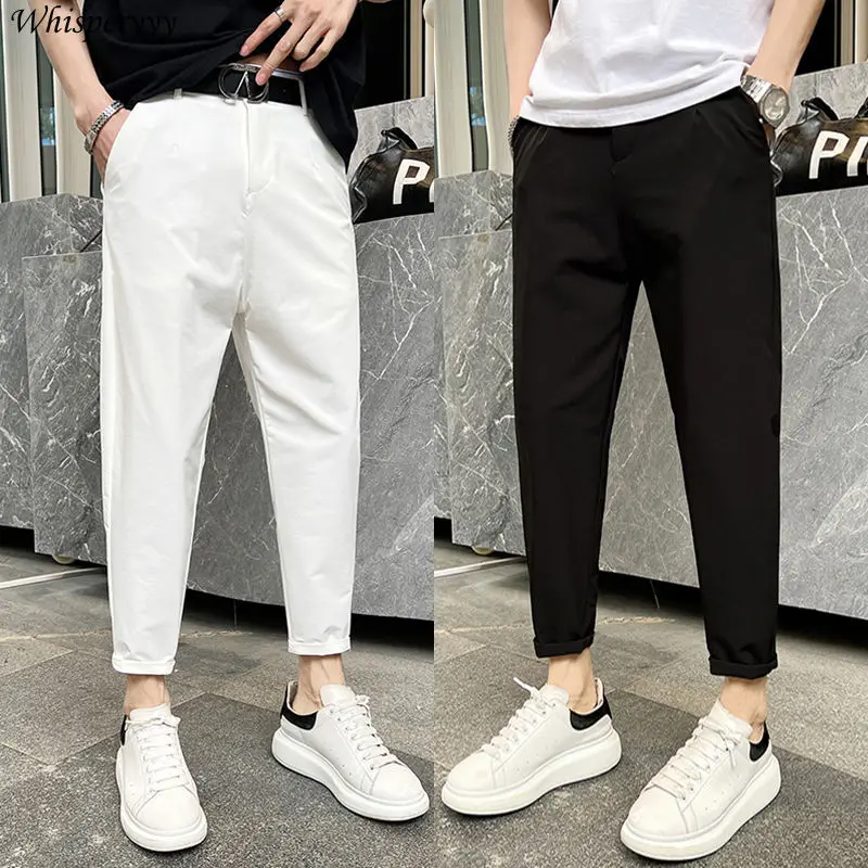 Pants Men's Summer Thin Straight Leg Casual Pants Nine Points Slim Pants Male Pockets Pantalones Harajuku Solid Color Trousers