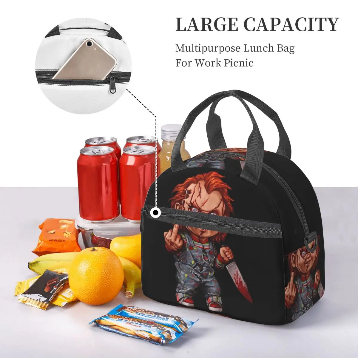 The Killer Doll Accessories Large Insulated Lunch Bag With Adjustable Shoulder Strap Horror Chucky Thermal Cooler Bento Box