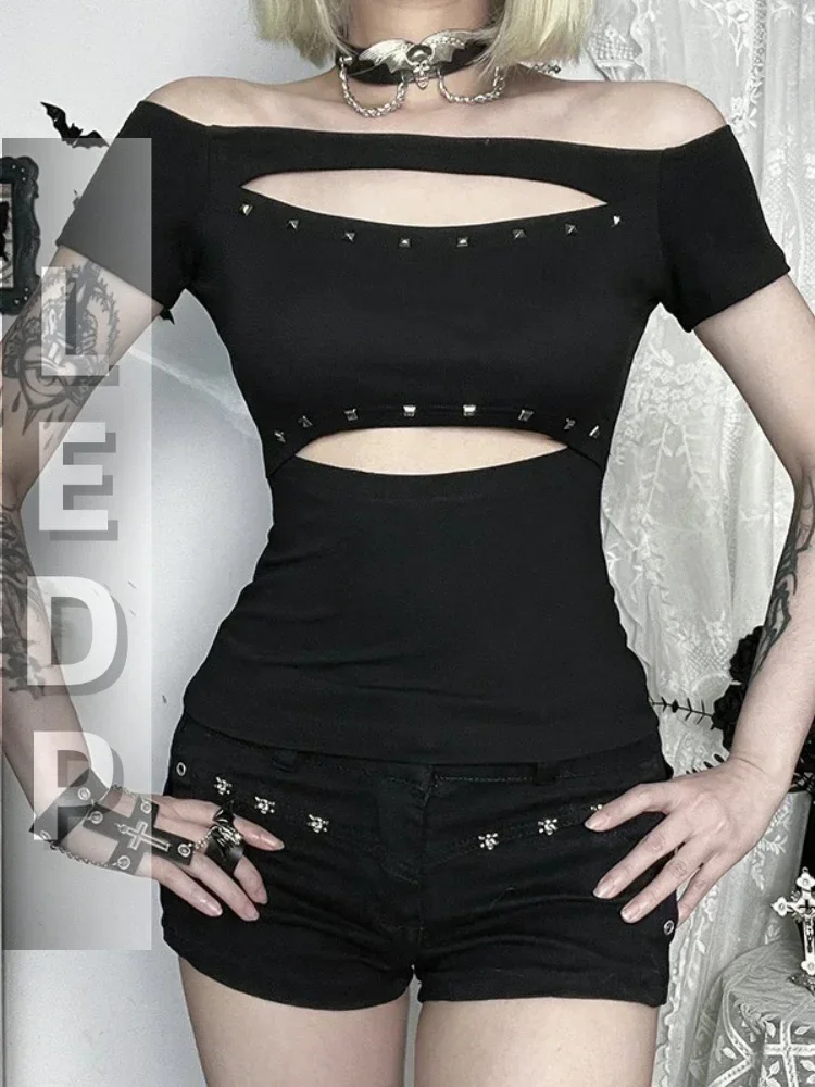 IMU Mall Gothic Sexy T-shirt Women Dark Cyber Punk Streetwear Hollow Out Rivets Short Sleeve Off-the-shoulder Crop Tee Tops