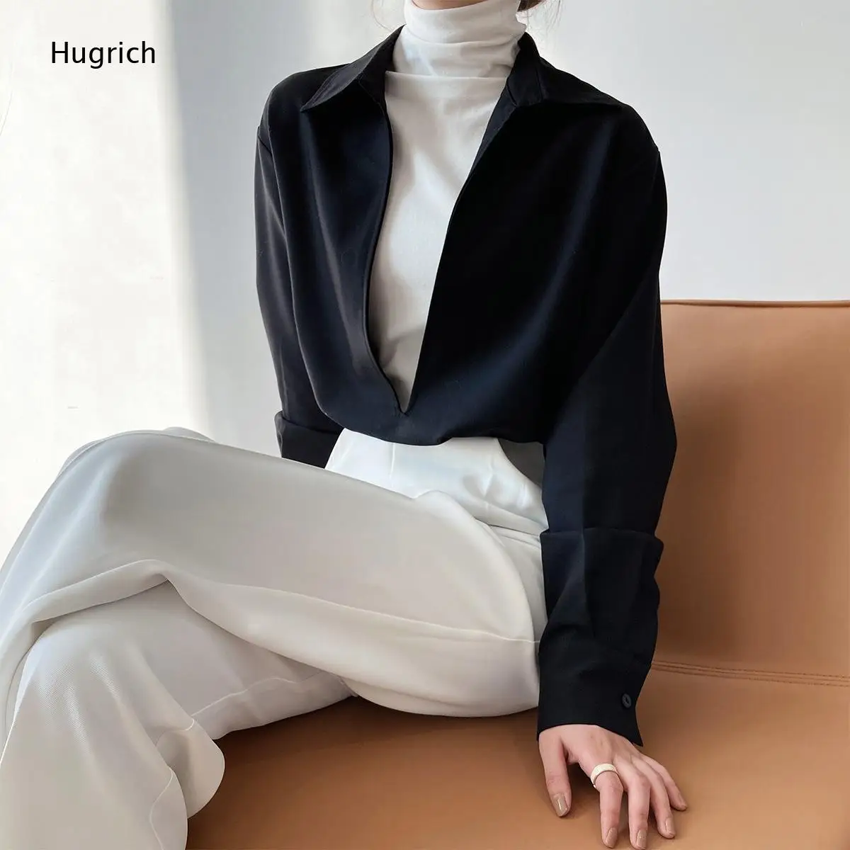 Minimalist Smooth Satin Blouse Lapel Deep V Half Open Front Long Sleeve Loose Fit Daily Wear Shirt