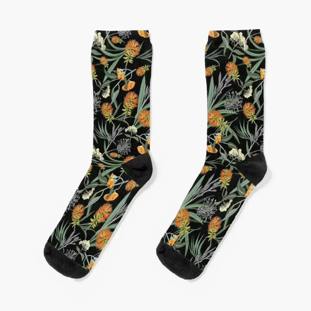 Botanical Australian natives flora, orange, pattern, boho, banksia Socks golf designer brand Novelties Socks Woman Men's