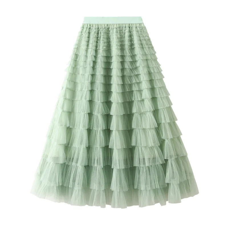 Casual Women's Solid Color Ball Dress Long Skirt Sheer High Waisted Pleated Elegant Women's Wild Mesh Dating Long Skirt