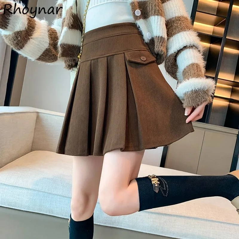 

Corduroy Casual Mini Skirts High Waist Buttons Solid Faldas Autumn Winter Pleated A-line Students Fashion All-match Simple Cozy