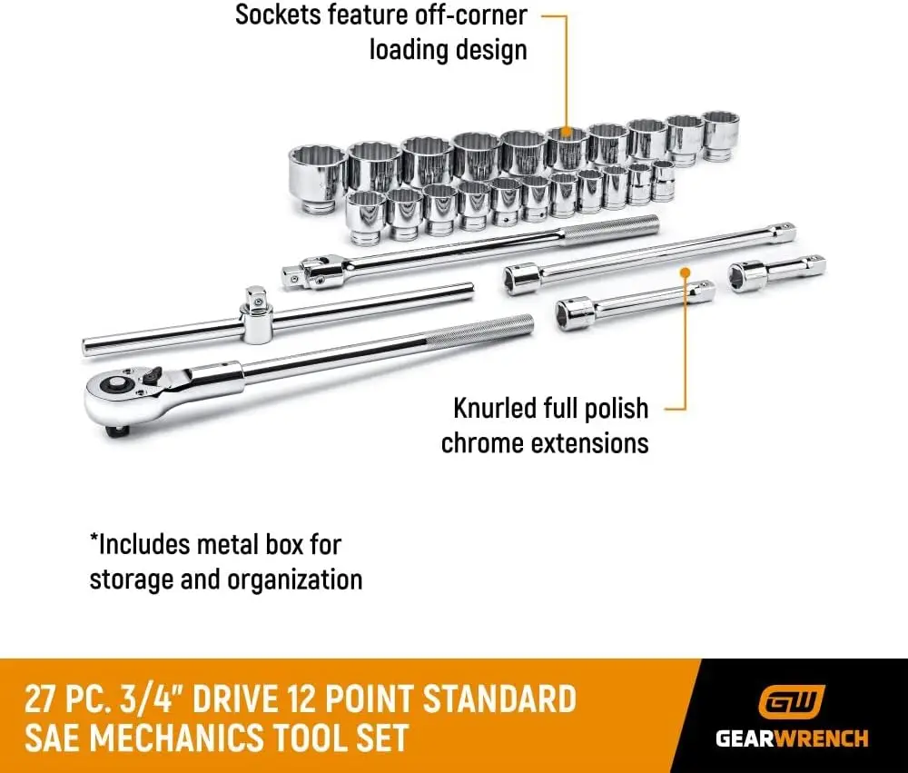 GEARWRENCH, 27 Pièces Conduite de 3/4 pouces, 12 Pt. Ensemble d'outils de mécanique standard, SAE - 80880