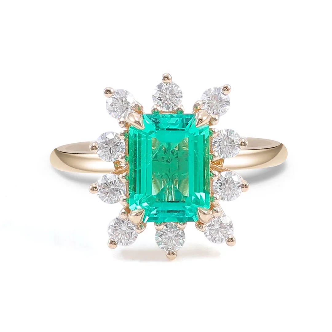 Cincin Pernikahan Mewah Provence 10K Emas Padat Potongan Zamrud Batu Permata Lab Hijau DEF/VS Pita Berlian Lab Kustom Dipersonalisasi