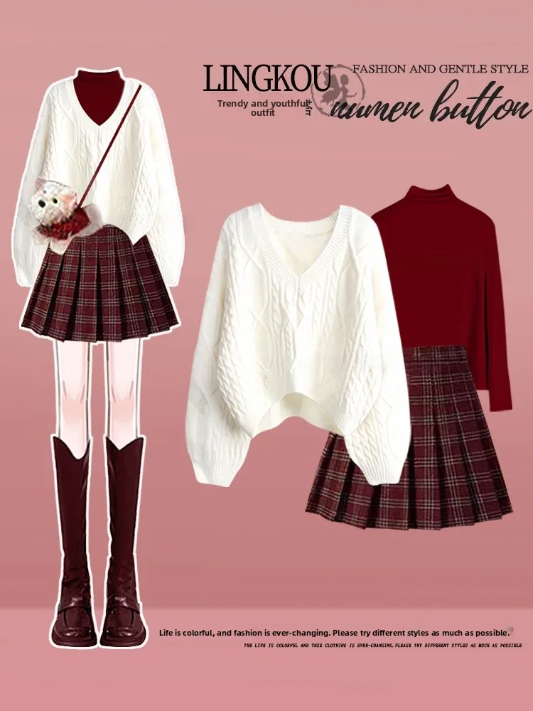 Large Size Autumn Winter Anti-Aging Set Women's Design Sense Hole Sweater Base Shirt Red Plaid Skirt Three Piece Set