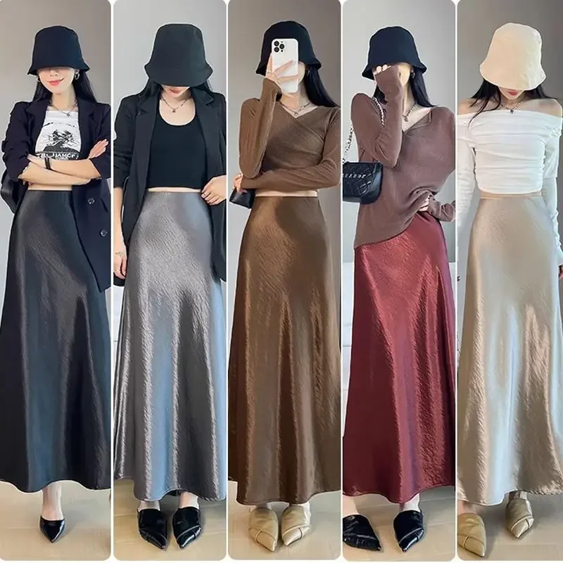 

Acetic Acid Satin Skirt for Women New Silky Drooping Long Umbrella Skirt A-line Wrapping Hip Fish Tail Skirt D172