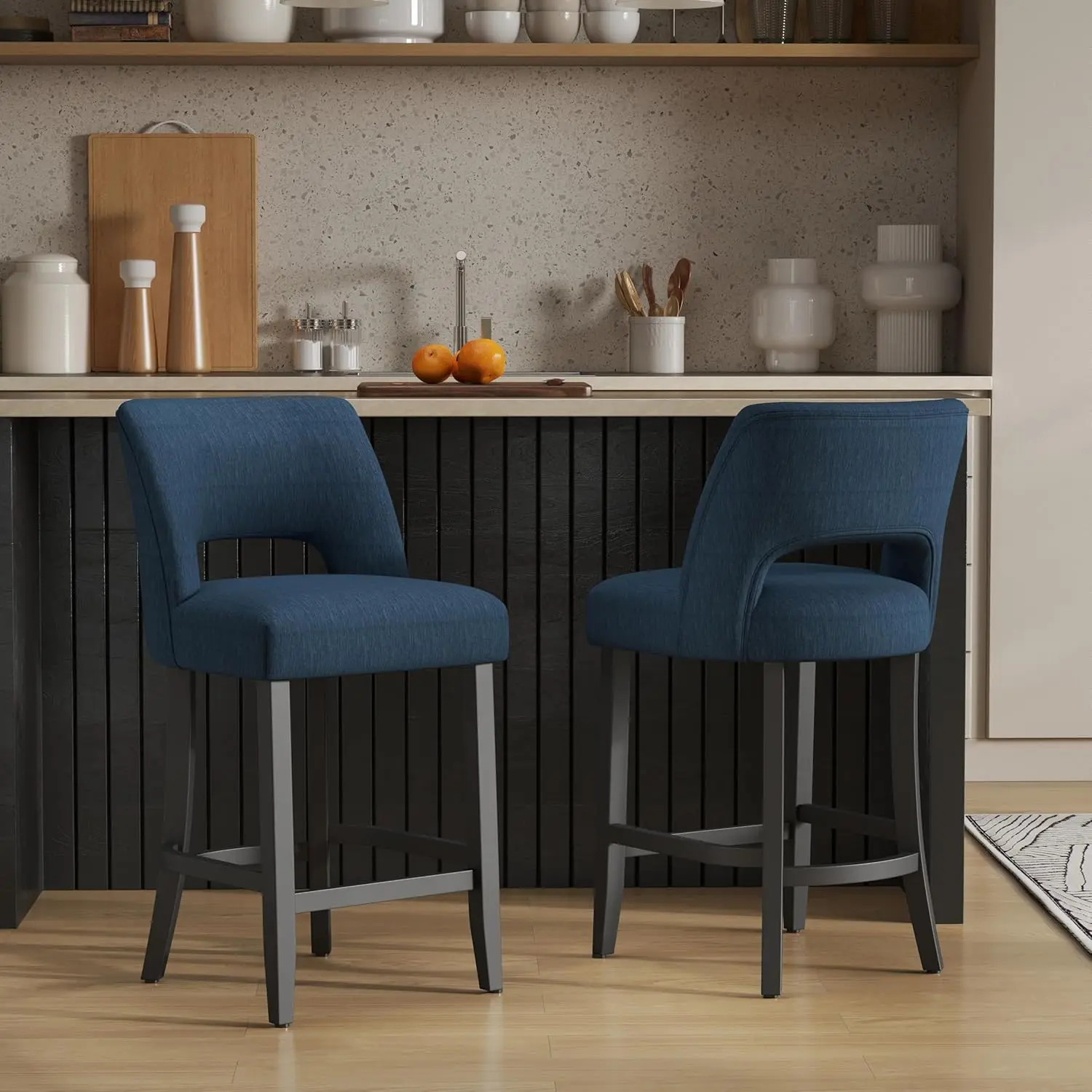 مجموعة مقاعد البار مكونة من 2، مقاعد حديثة منجدة بأرجل خشبية سوداء، وأرجل زرقاء وسوداء لجزيرة المطبخ #1