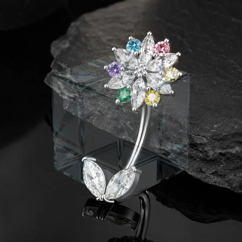 Zircon Dangle Belly Piercing Nombril Stainless Steel Flower Pendant Belly Button Ring Curved Navel Rings For Women Girls