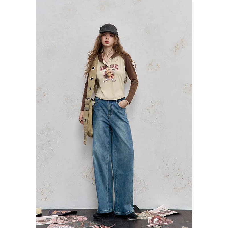 ELFSACK 2025 Autumn New Arrival Casual Basic Dark Wide-Leg Retro Long Jeans For Woman