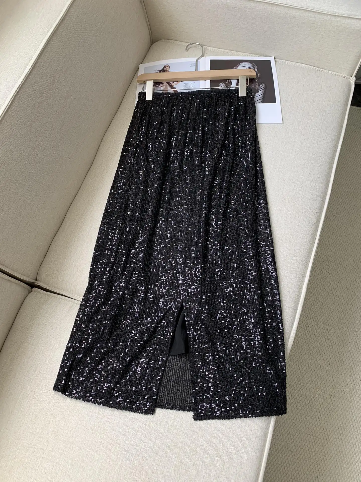 

Skirt for Women 2024 New Spring Summer Silk Sequin Design High Elastic Waist Loose Casual Jupe