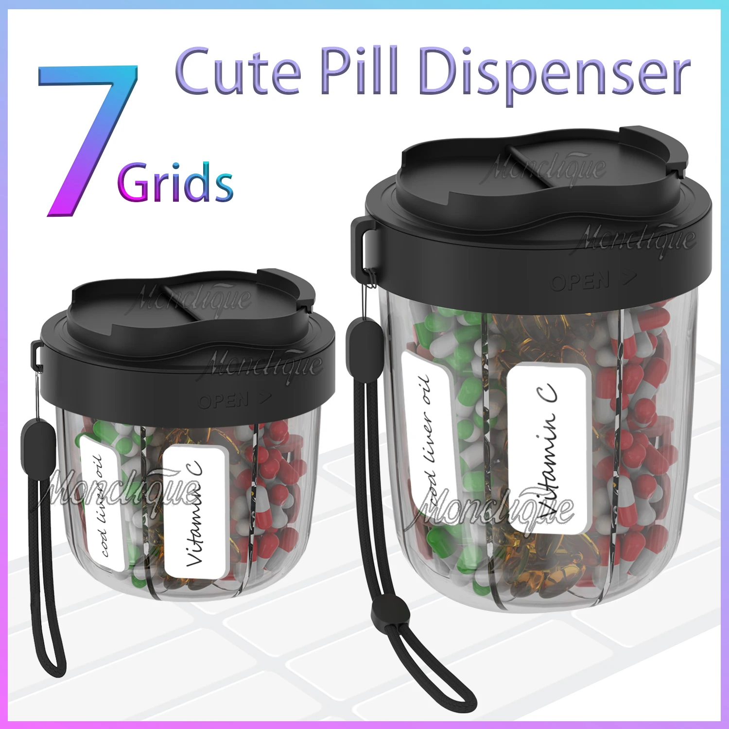 7 شبكات منظم حبوب منع الحمل موزع كبير لطيف السفر علبة حبوب أسبوعية مع تصميم مضاد للمزيج 20 ملصق حاوية مكملات محمولة #1