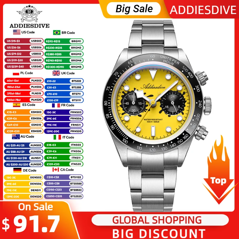ADDIESDIVE Neue VK64 Herrenuhr mit Ölgemälde-Farbdesign, Quarz-Armbanduhr, luxuriöse Keramiklünette, leuchtende 100 m wasserdichte Uhr