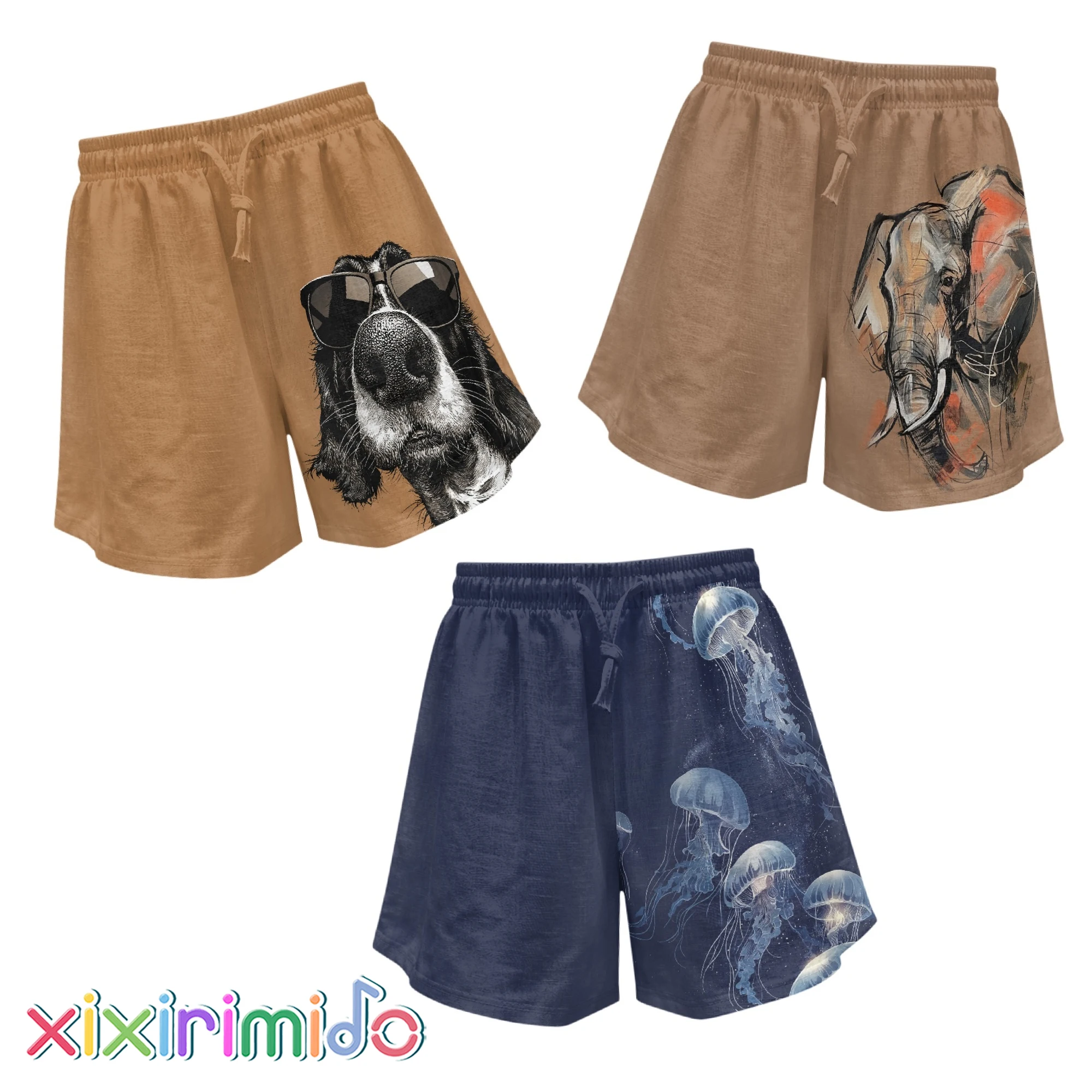 

XIXIRIMIDO Summer Linen Cute Animal Printing Shorts Comfortable Homewear Loose Wide-legged Drawstring Short Pants with Pocket