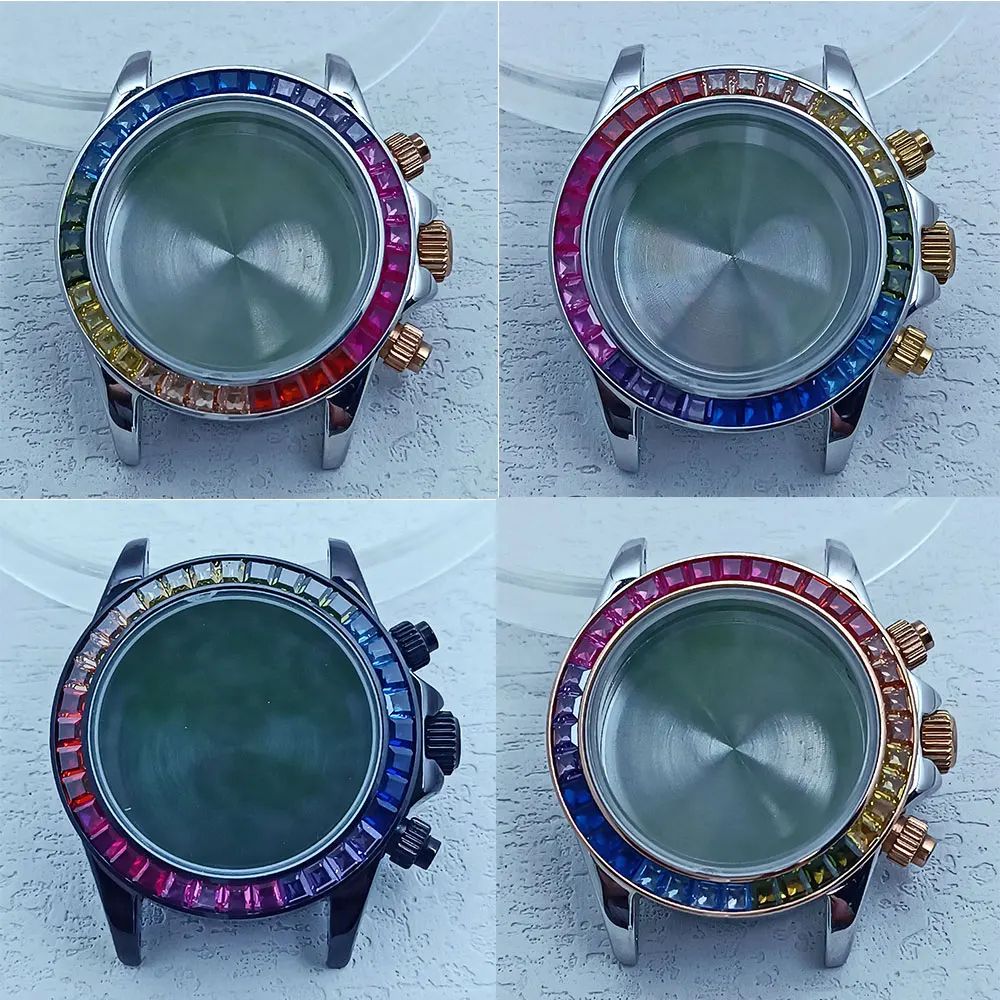 39.5mm watch case, stainless steel case, color diamond bezel, suitable for 20mm strap, VK series 63 movement