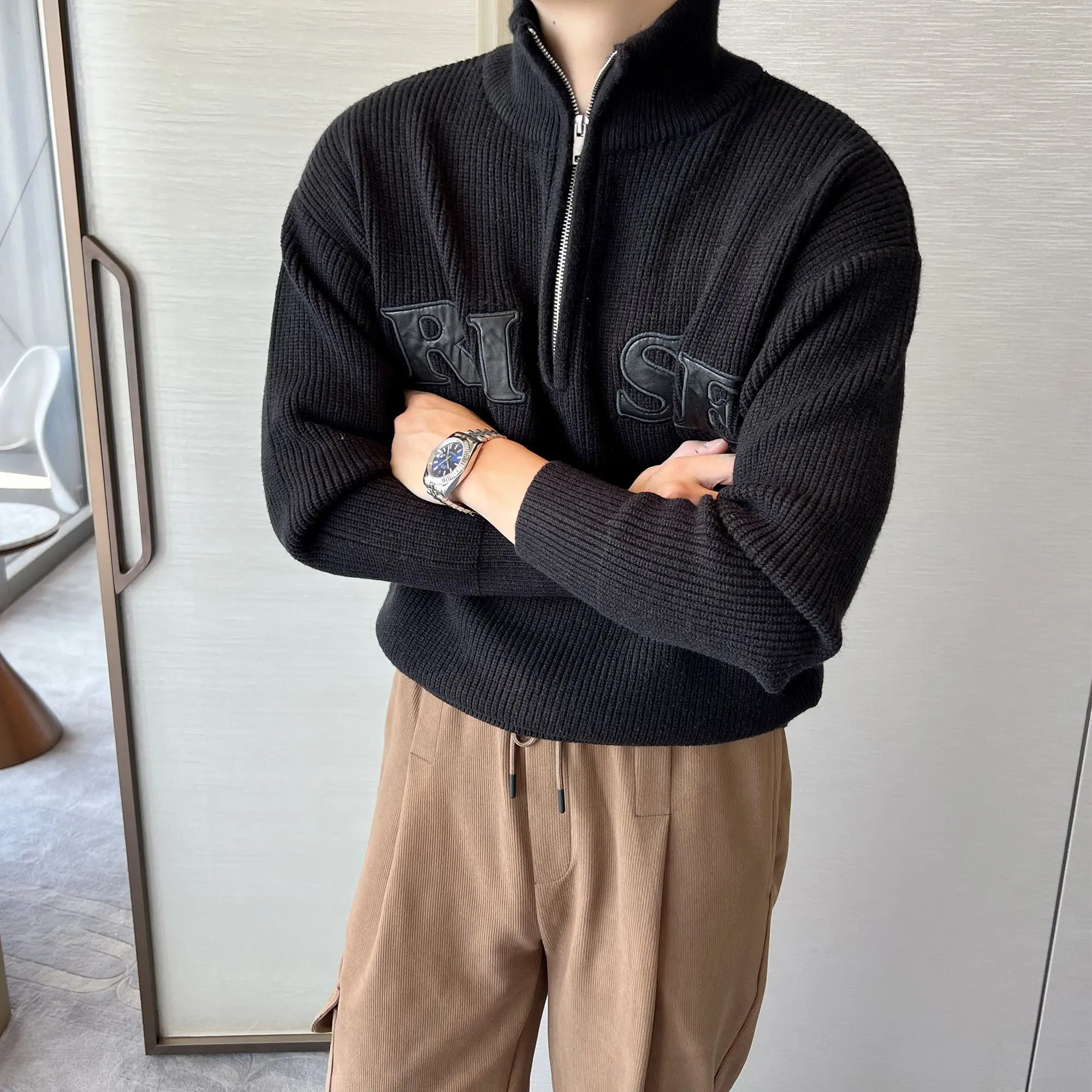 2025 Winter Warm Half Turtleneck Zipper Knitted Sweater Men Korean Fashion Embroidery Letter Logo Loose Casual Pullover Men