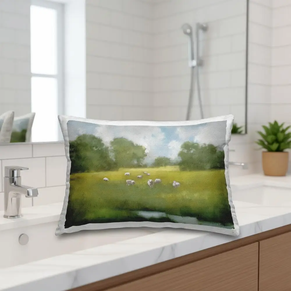 

Green Outdoor Throw Pillow with Sun Grazing Sheep Print, 14x7x20
