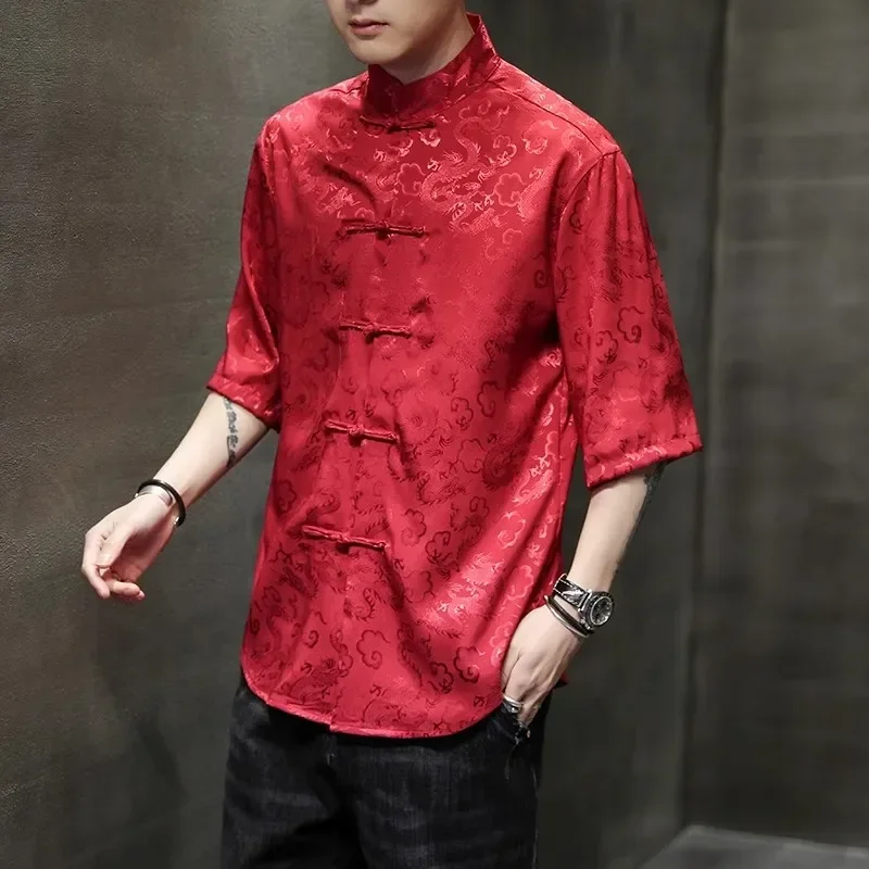 Chinese Traditional Men\'s Dragon Kung Fu Shirt Top Plus Size Men\'s Short Sleeve Shirt Elegant Tang Jacquard Gentleman Shirt