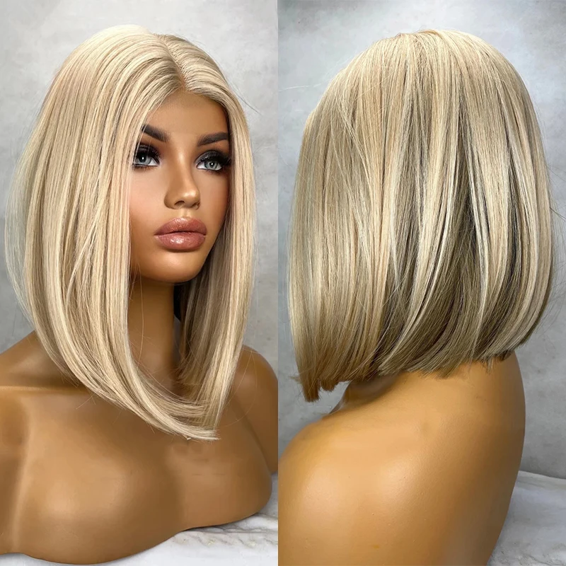 14-inch-blonde-balayage-highlights-bob-wig-heat-resistant-center-parting-low-density-straight-lace-front-wigs-gift-for-her