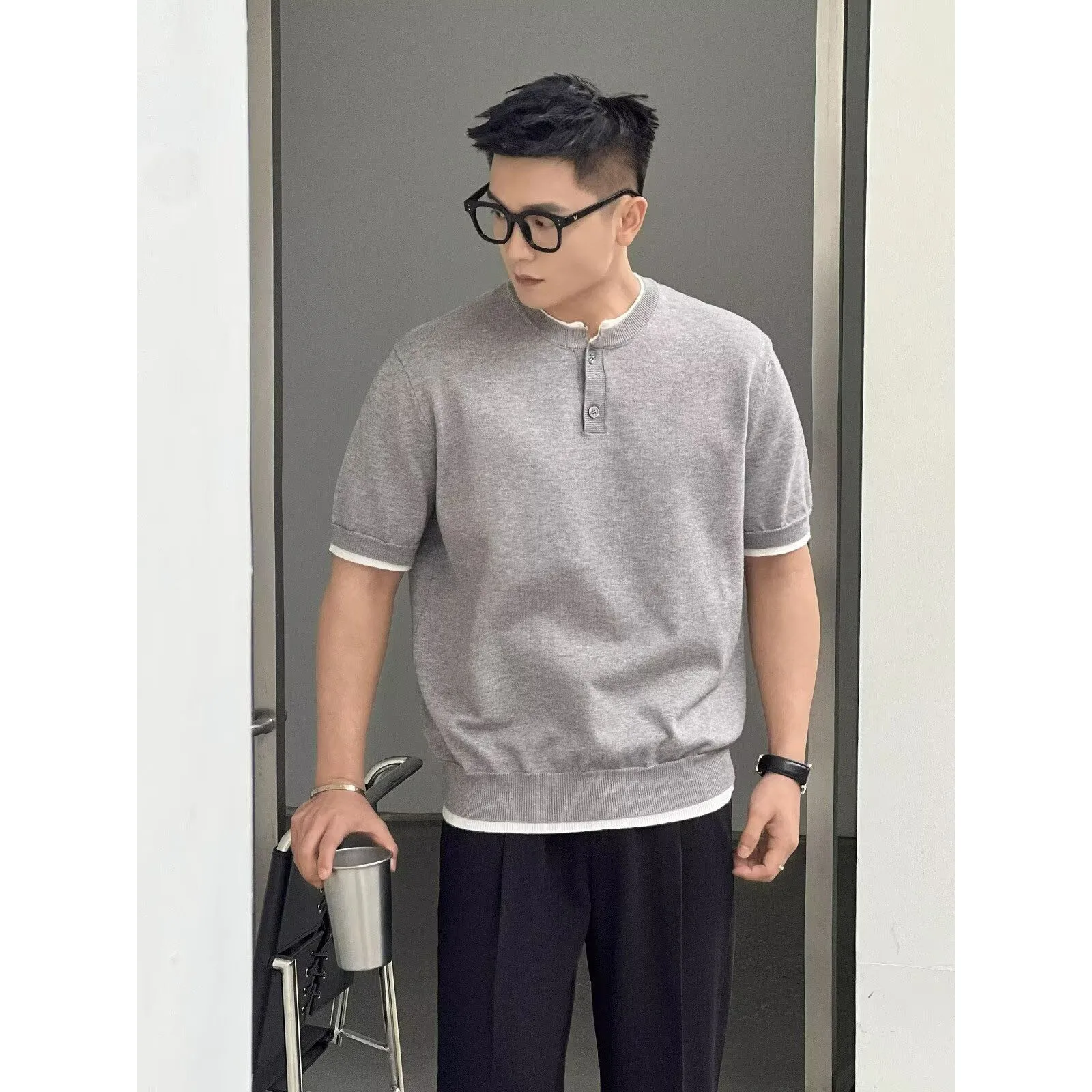 Summer Fake Two-Piece Henley Ice Silk Cooling Breathable Short Sleeve Knit T-Shirt Men's Premium Business Casual Top
