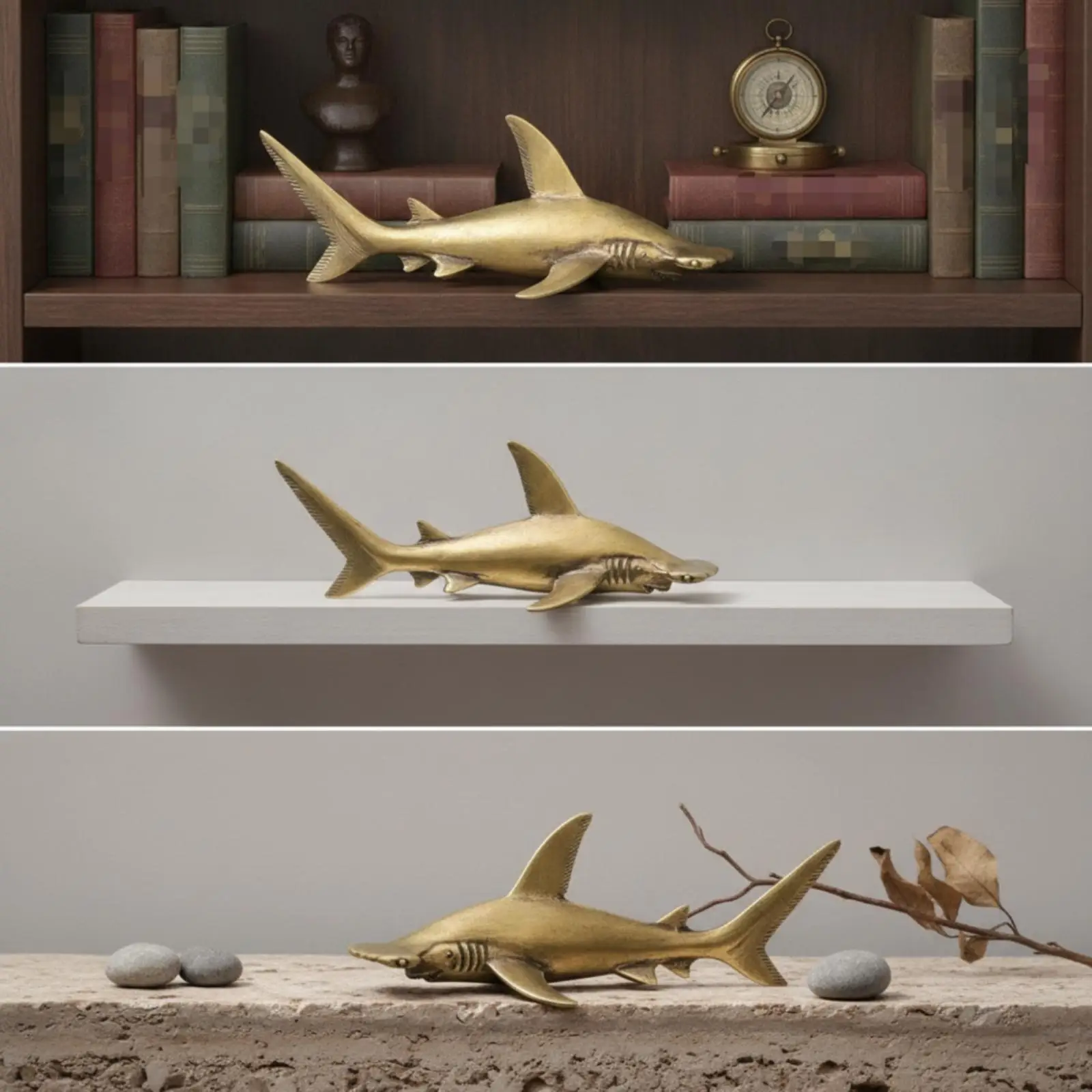 Antique Copper Shark Statue Handcrafted Hammerhead Ornament for Living Room Study Shelf Fishing Decor Solid Figurine