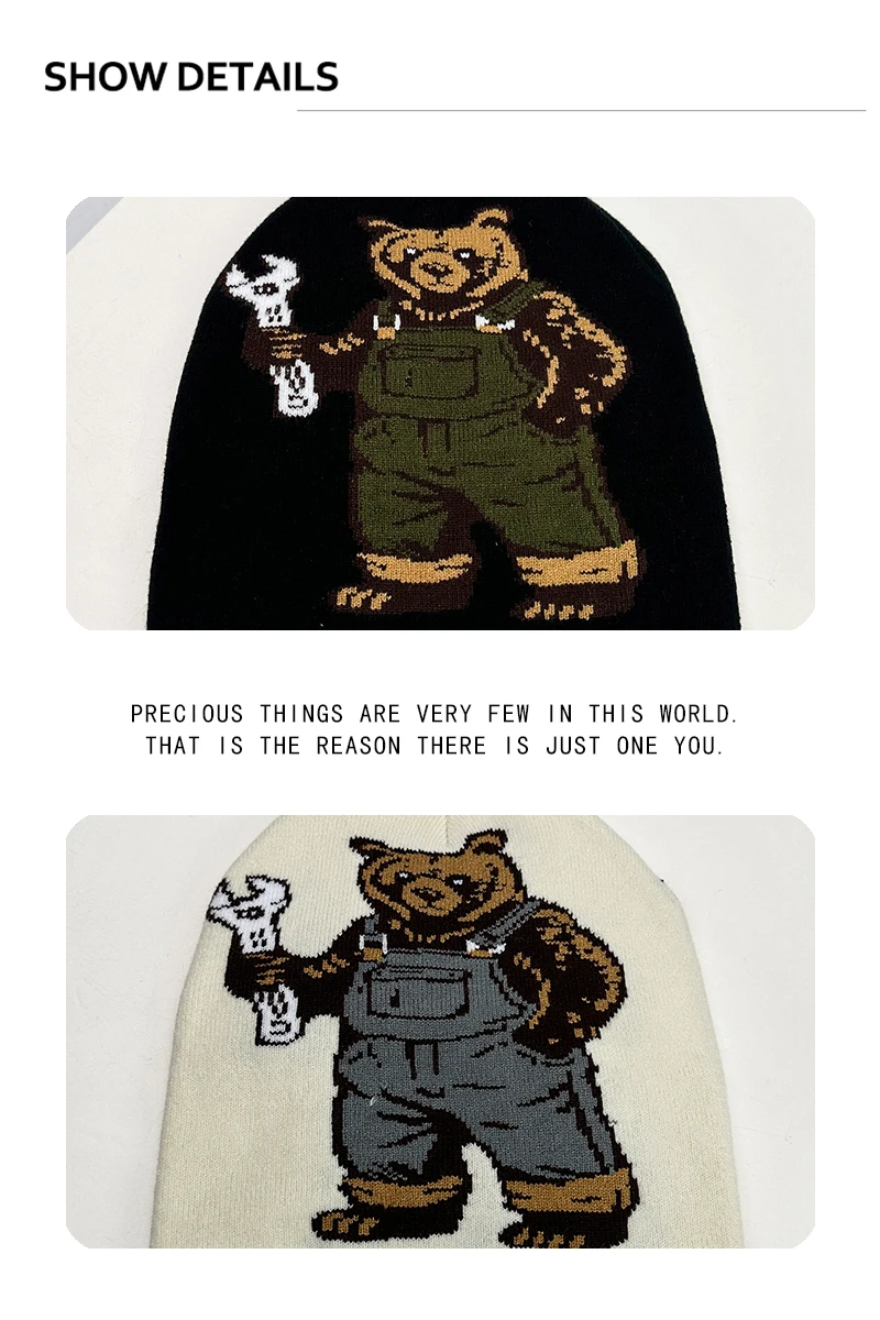 Neue Hip-Hop Cartoon Jacquard Reparaturmann-Bär Strickmützen für Damen und Herren, Warme Farbblock-Mode Persönliche Beanies, Vielseitige Streetwear – Detail 3