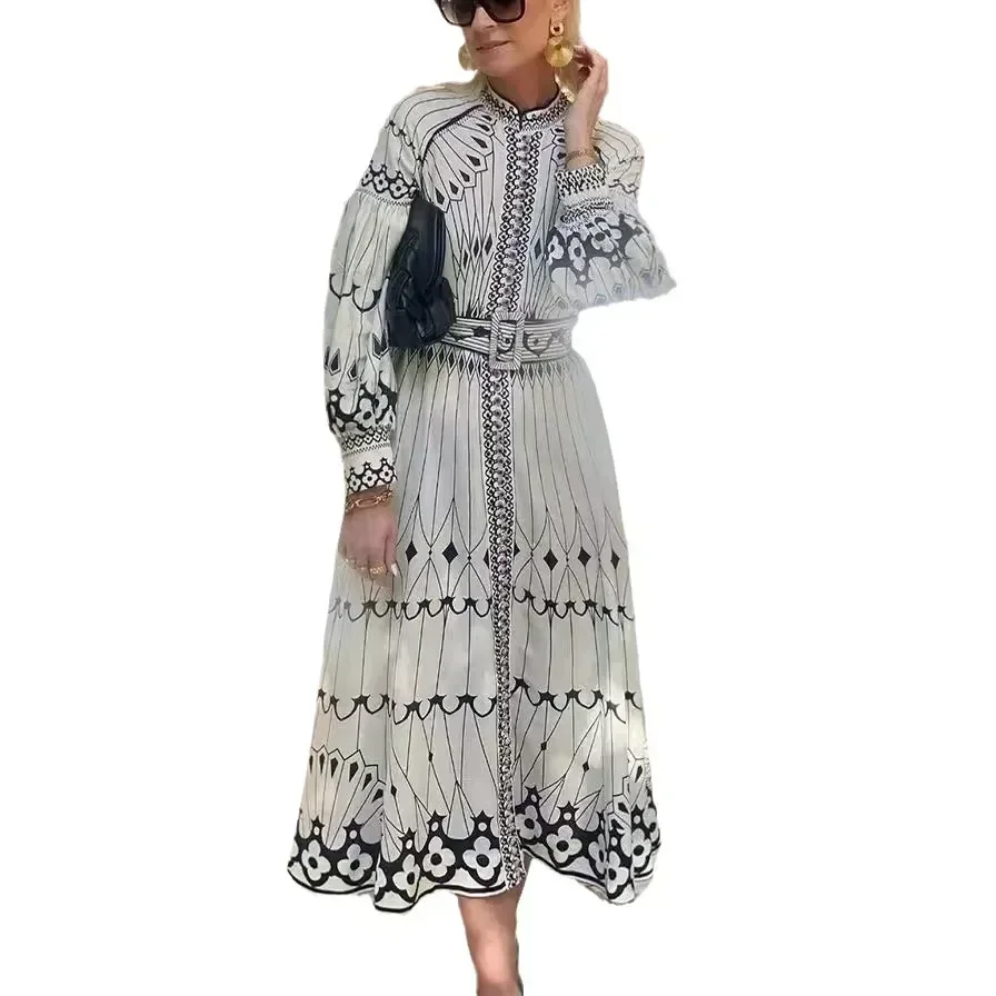 Spring and Summer New Court Style Temperament Elegant Long-sleeved Belt Buckle Print Dress Women