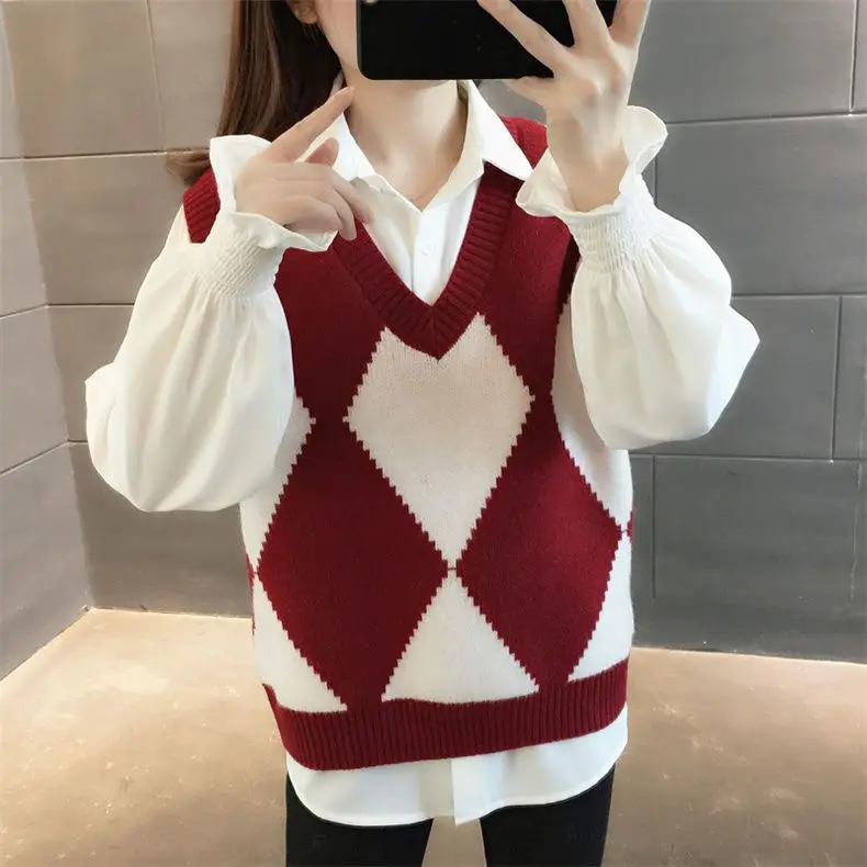 V-neck Sweater Vest Women's Casual Knit Shirt Student Sweet Retro  Spring and Autumn School Classic  Clothing X271