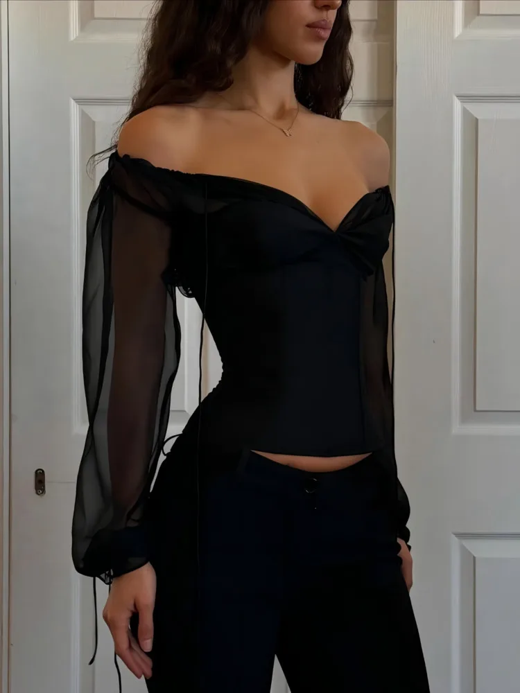 Articat, camiseta de manga larga con tirantes de malla a la moda para mujer, camiseta Sexy ajustada con perspectiva para primavera 2025, camiseta nueva, ropa de calle de estilo