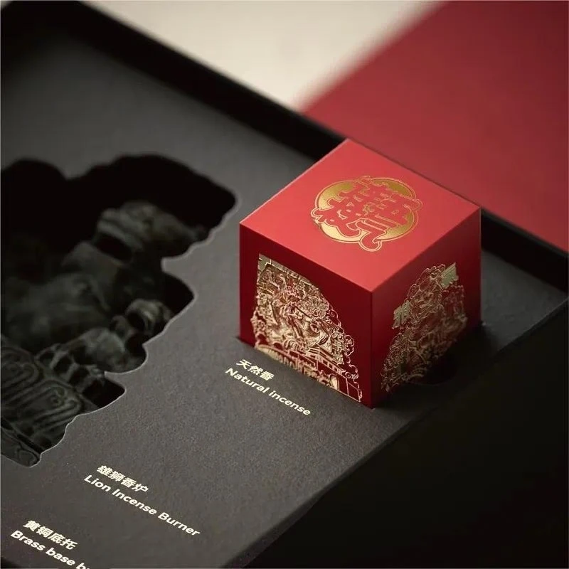 for Environmentally friendly concrete bronze lion incense burner copper base with incense pink gift box suitable for office