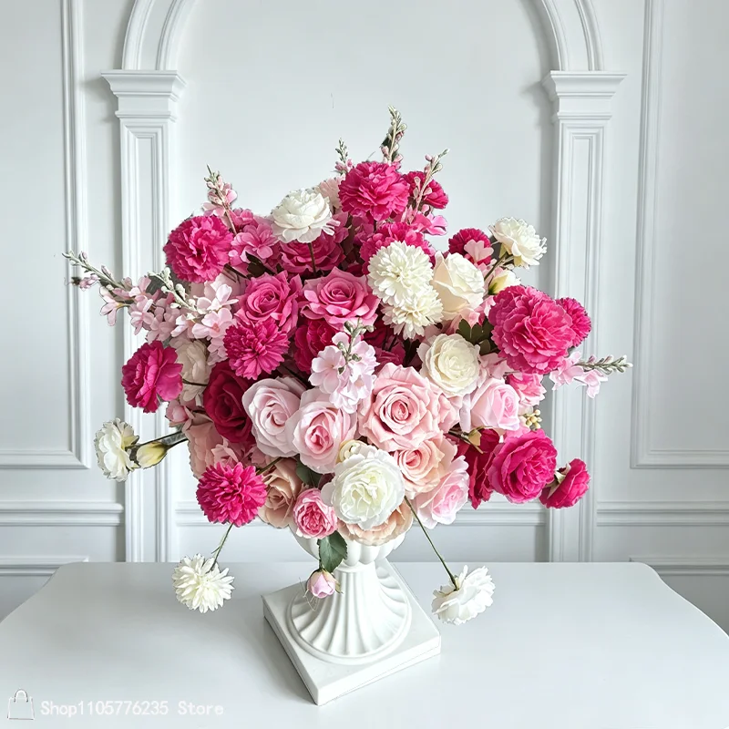 Knallrosa-weiße Rosen-Hortensien-Kunstblumen-Säulenständer für den Außenbereich, Garten, Pavillon, Hochzeitseingang, Dekoration, Hintergrunddekoration – Detail 6