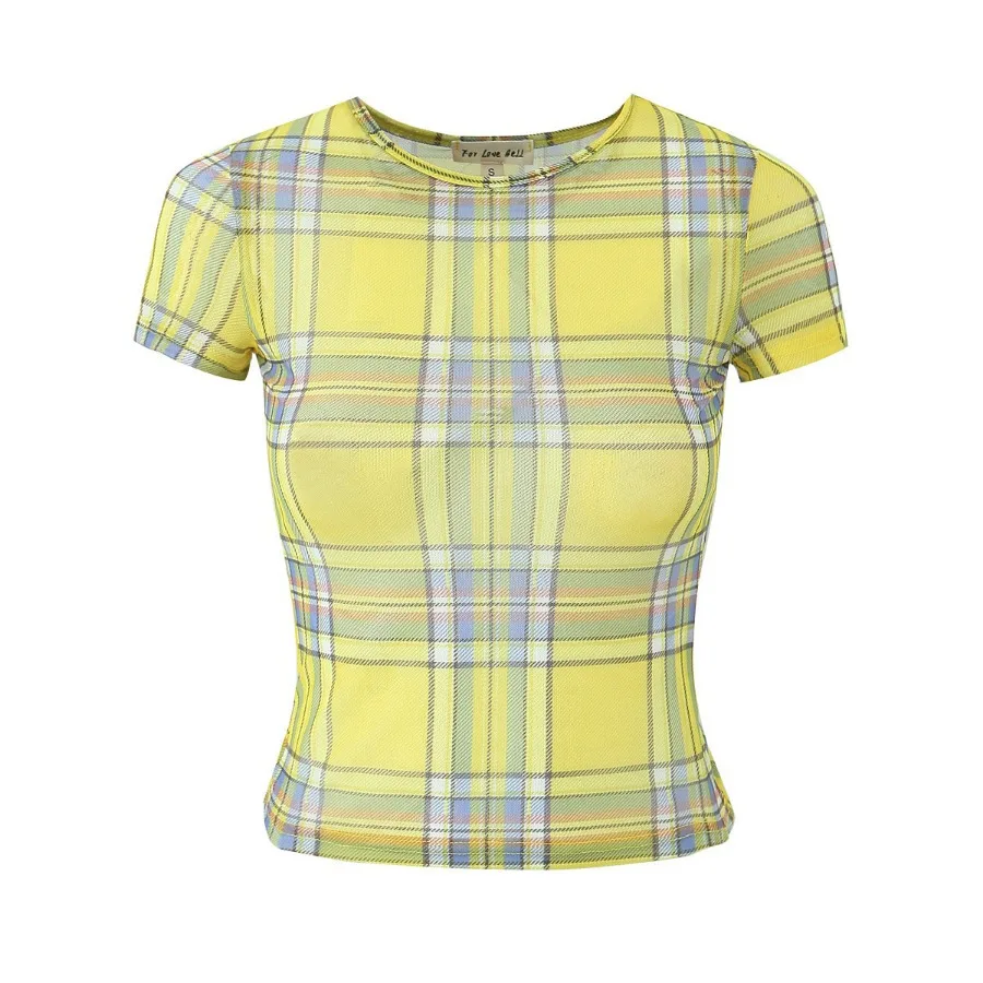 Summer Yellow Grid Film Fashion T-shirt Women Short  Sleeve Mesh Fabric Tees Print Crop Top Casual Woman T-shirts Clothes Y2k