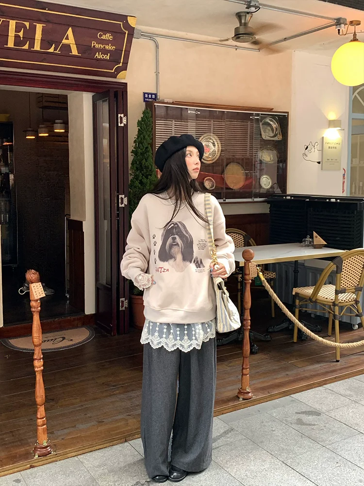 Autumn Winter Women Loose Thick Warm Dog Print Sweatshirts
