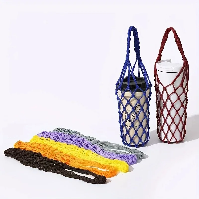 Faltbare gewebte Wasserflaschentaschen, ausgehöhlte Netztasche, Tassenabdeckung, handgefertigte gewebte Wasserbechertasche, Mehrzweck-Aufbewahrungstasche für kleine Gegenstände